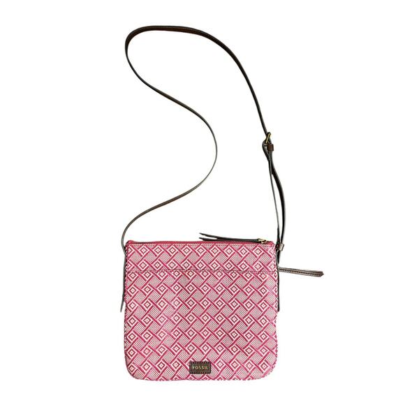 Fossil Handbags - Fossil Purse Pink White Straw Leather Trim Crossbody Bag